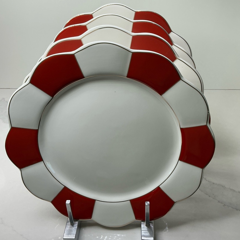4 Grace Teaware Dinner Plates Red White Scalloped Edge Christmas Holiday new